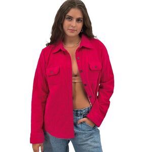 Northern Isles Women's Quilted Shacket Hot Pink Corduroy Button Up Shirt | Small
